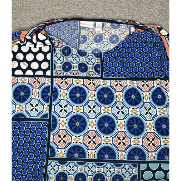 Chicos 2 Top US L/12 Blue Orange Geometric Stretch Dolman Ruched Office Church - Picture 4 of 12